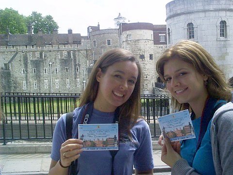 Katie and Stephanie show off their tickets to get into the Tower of London. (Photo Courtesy of Julianna Parker)