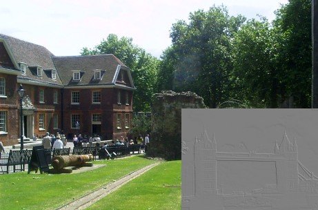 A view of one of the small yards on the side of the White Tower.  Embossed Tower Bridge inset.  (Main Photo Courtesy of Julianna Parker)