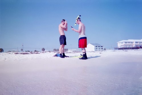 Jon and Daniel gear up for our snorkelling adventure.